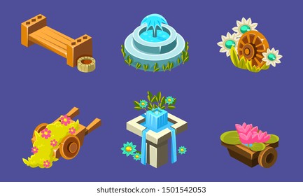 Fantasy Landscape Elements Set, Waterfall, Bench, Wheelbarrow, Fountain. User Interface Assets for Mobile App or Video Game. Vector Illustration.