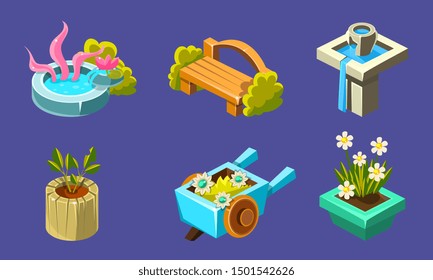 Fantasy Landscape Elements Set. Well, Bench, Waterfall, Flowerbed, Wheelbarrow, User Interface Assets for Mobile App or Video Game. Vector Illustration.