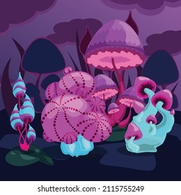 Fantasy landscape. Fairy mushrooms. Suitable for illustrations, postcards, printing on postcards, bags, clothing. Vector illustration