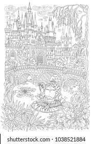 Fantasy landscape. Fairy tale castle. Fantastic water plant, lotus flower. Cartoon frog princess, lake, medieval bridge T-shirt print. Coloring book page for adults. Black and white doodle sketch