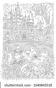 Fantasy landscape. Fairy tale castle. Fantastic water plant, lotus flower. Cartoon frog princess, lake, medieval bridge T-shirt print. Coloring book page for adults. Black and white doodle sketch