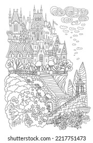 Fantasy landscape with Fairy tale castle on a hill, stone staircase, garden roses. Black and White Coloring book page 