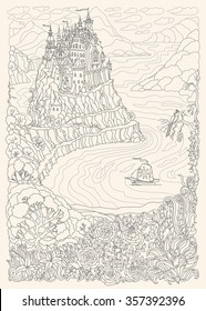 Fantasy landscape. Fairy tale castle on a hill in the mountains .Sea fjord bay, sailing boat, pixie forest, garden roses, lilies. T-shirt print. Album cover. Coloring book page for adults.Black White