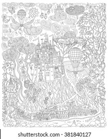 Fantasy landscape. Fairy tale castle on a hill. Fantastic apple tree, garden flower. Flying air balloon, butterfly, thunder cloud. T-shirt print. Album cover.Coloring book page for adults. Black White