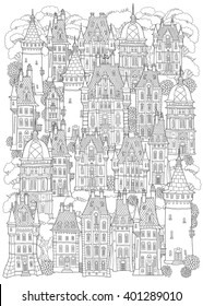 Fantasy landscape. Fairy tale castle, old medieval town, park trees. Hand drawn sketch, house and tower silhouette. T-shirt print. Album cover. Coloring book page for adults. Black and white doodle