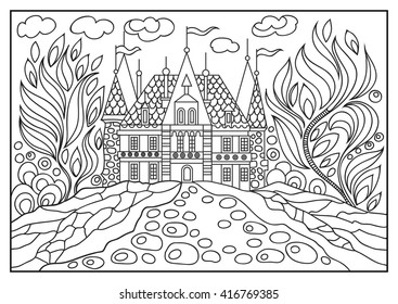 Fantasy landscape. Fairy tale castle, old medieval town, park trees. Hand drawn sketch.Coloring book page. For invitation, flyer, sticker, poster, banner, card, label, cover, web. Vector illustration.