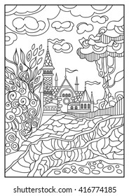 Fantasy landscape. Fairy tale castle, old medieval town, park trees. Hand drawn sketch. T-shirt print. Album cover. Coloring book page. Vector illustration.
