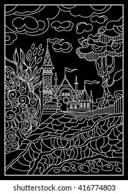 Fantasy landscape. Fairy tale castle, old medieval town, park trees. Hand drawn sketch. T-shirt print. For invitation, flyer, sticker, poster, banner, card, label, cover, web. Vector illustration.