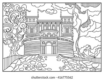 Fantasy landscape. Fairy tale castle, old medieval town, park trees. Hand drawn sketch.Coloring book page. For invitation, flyer, sticker, poster, banner, card, label, cover, web. Vector illustration.