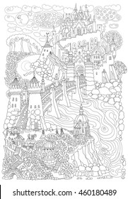 Fantasy landscape. Fairy tale castle on a hill. Fantastic garden, river, stone arch bridge. Funny horse carriage.T-shirt print. Album cover. children and adults ?oloring book page. Black and White