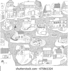 Fantasy landscape. Fairy tale castle, old medieval town, park trees. Hand drawn sketch, house and tower silhouette. T-shirt print. Album cover. Coloring book page for adults. Black and white doodle