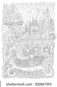 Fantasy landscape. Fairy tale castle on a hill in the mountains . stone staircase,grotto, pixie forest, garden roses, lilies. T-shirt print. Album cover. Coloring book page for adults. Black White