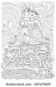 Fantasy landscape. Fairy tale castle on a hill. Fantastic mountain, clouds, pine trees, sea wave. Flying  stars. T-shirt print. Album cover. Coloring book page for children and adults. Black and white