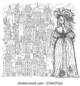 Fantasy landscape. Fairy tale castle, old medieval town, houses, tower, palace, park trees. Hand drawn sketch of lady. T-shirt print. Album cover. Coloring book page for adults. Black and white doodle