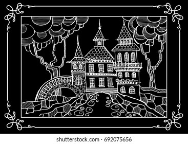 Fantasy landscape. Fairy tale castle, old medieval town, park trees. Hand drawn sketch. Album cover. For invitation, flyer, sticker, poster, banner, card, label, cover, web. Vector illustration.