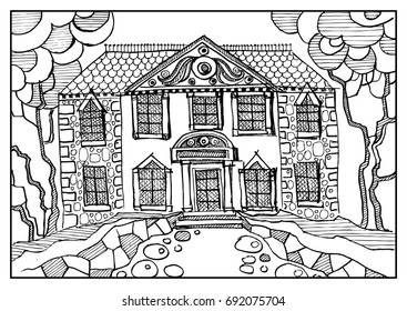 Fantasy landscape. Fairy tale castle, old medieval town, park trees. Hand drawn sketch. Album cover.Coloring book page. For invitation, flyer, sticker, poster, banner, card, label.Vector illustration.