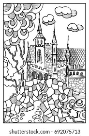 Fantasy landscape. Fairy tale castle, old medieval town. Hand drawn sketch. Coloring book page. Suitable for invitation, flyer, sticker, poster, banner, card, label, cover, web. Vector illustration.