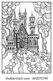 Fantasy landscape. Fairy tale castle, old medieval town, park trees. Hand drawn sketch.Coloring book page. For invitation, flyer, sticker, poster, banner, card, label, cover, web. Vector illustration.