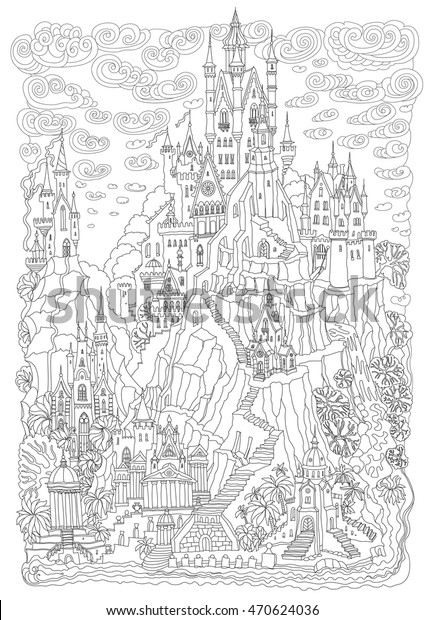 Download Fantasy Landscape Fairy Tale Castle On Stock Vector Royalty Free 470624036