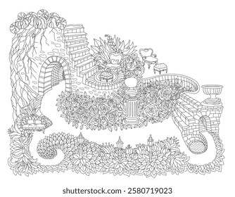 Fantasy landscape with fairy tale garden. Coloring book page for adults and children 