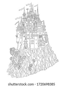 Fantasy landscape with Fairy tale medieval castle on a hill, old houses, middle age street and buildings. T-shirt print. Album cover, card. Coloring book page for adults and children. Black and white