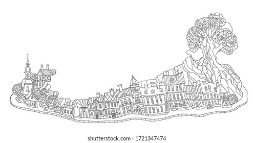 Fantasy landscape with Fairy tale medieval old houses, middle age street buildings. T-shirt print. Album cover, card. Coloring book page for adults and children. Black and white brochure border