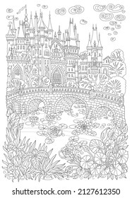 Fantasy landscape. Fairy tale medieval castle, stone bridge, lake, water plant, lotus and iris flower. Coloring book page for adults and children. Black and White doodle sketch