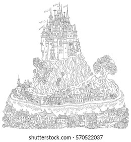 Fantasy landscape. Fairy tale medieval castle on a hill. Fantastic oak tree, old street. T-shirt print. Album cover, invitation card.Coloring book page for adults and children. Black and white doodle