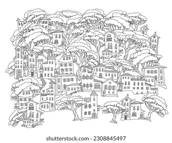 Fantasy landscape with Fairy tale Mediterranean town on a hill, pine trees forest. Coloring book page