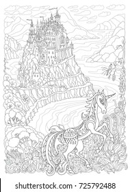 Fantasy landscape. Fairy tale Unicorn horse and castle on a hill in the mountains .Sea fjord bay, pixie forest, garden roses,lilies.T-shirt print.Adults and children Coloring book page.Black and White