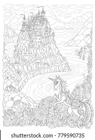 Fantasy landscape. Fairy tale Unicorn horse and castle on a hill in the mountains .Sea fjord bay, pixie forest, garden roses, lilies.T-shirt print. Adults and children Coloring book page. Black  white