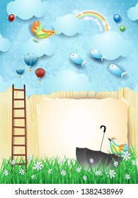 Fantasy landscape with fence, ladder, umbrella and flying fishes. Vector illustration eps10