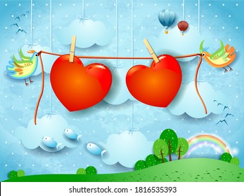 Fantasy landscape with flying birds and hanging hearts. Vector illustration eps10