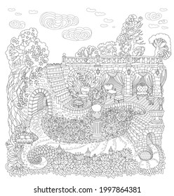 Fantasy landscape with flying clauds, Fairy tale castle, palace, stone staircase, grotto, garden roses, lilies. Black and White T-shirt print. Coloring book page for adults. 