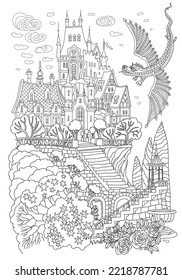 Fantasy landscape with flying dragon. Fairy tale castle on a hill, stone staircase, garden roses. Black and White Coloring book page 