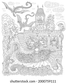 Fantasy landscape with flying dragons. Fairy tale castle on a hill, stone staircase, grotto, garden roses, lilies. Black and White T-shirt print. Coloring book page for adults