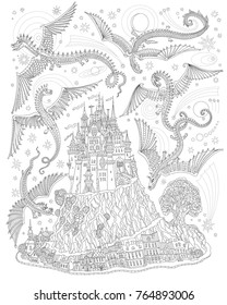 Fantasy landscape with flying dragons in the sky. Fairy tale medieval castle on a hill, old houses. T-shirt print. Album cover, card. Coloring book page for adults and children. Black and white