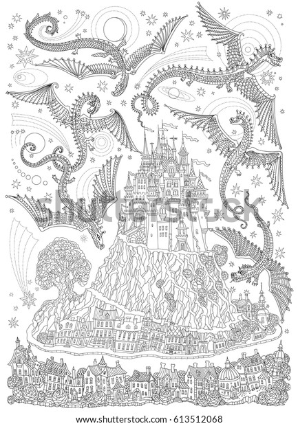 Fantasy Landscape Flying Dragons Skyfairy Tale Stock Vector (Royalty ...