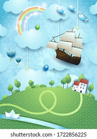 Fantasy landscape with flying ship, river and paper boat. Vector illustration eps10