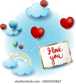 Fantasy landscape with flying sign and hearts, fairy tale. Vector illustration eps10
