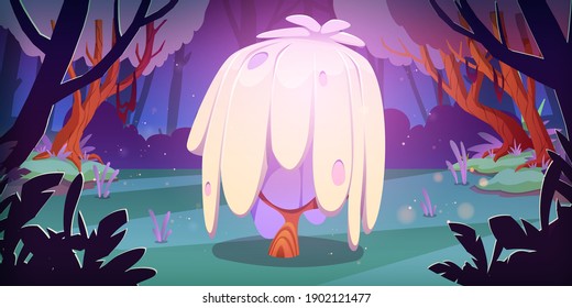 Fantasy Landscape Of Forest Swamp With Unusual Mushroom. Vector Cartoon Illustration Of Fantastic Tree In Pond. Fairy Tale Game Background About Alien Magic Woods