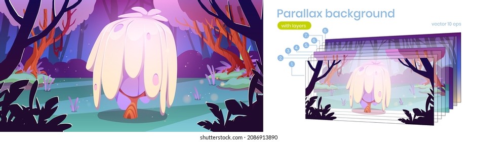 Fantasy landscape of forest with unusual tree in swamp. Vector parallax background with layers for game animation with cartoon illustration of fantastic mushroom in pond