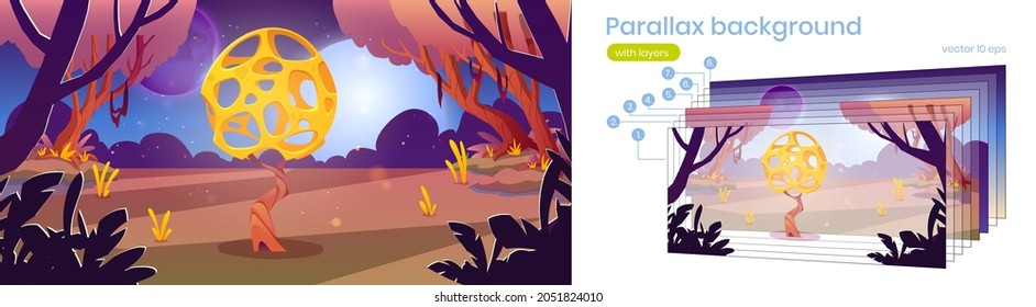 Fantasy landscape of forest with unusual yellow mushroom with holes. Vector parallax background for 2d game animation with cartoon illustration of fantastic mushroom in alien magic woods