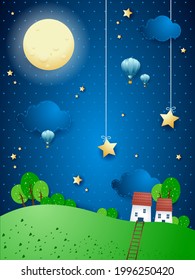 Fantasy landscape with full moon, village and stairway. Vector illustration eps10