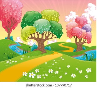 Fantasy landscape. Funny cartoon and vector illustration