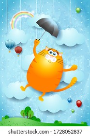 Fantasy landscape with funny flying kitten. Vector illustration eps10