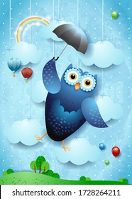 Fantasy landscape with funny flying owl and umbrella. Vector illustration eps10