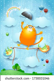 Fantasy landscape with funny kitten equilibrist and birds. Vector illustration eps10