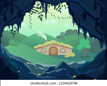 Fantasy landscape with gnome house between the forest hills and gold dark cave , Vector hand draw illustration
