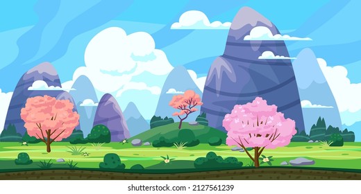 Fantasy landscape, green hills, blooming trees, spring, mountains, panorama. Vector cartoon background illustration